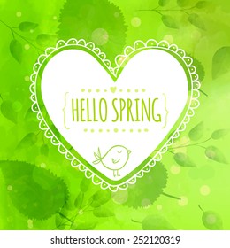 Green nature background with leaves and stems. White doodle heart with little bird - hand drawn frame. Vector texture.