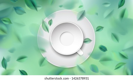Green nature background with spring leaves and tea cup vector illustration