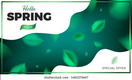 Green nature banner background with spring leaves and neon color tropical decoration vector Sale promotion design