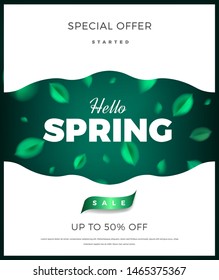 Green nature banner background with spring leaves and neon color tropical forest decoration. Vector Sale flyer, promotion poster design