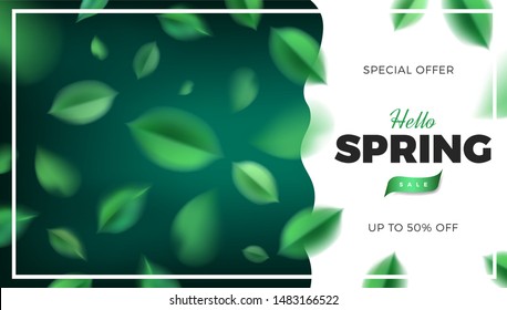 Green nature banner background with spring leaves and neon color tropical decoration vector Sale promotion design