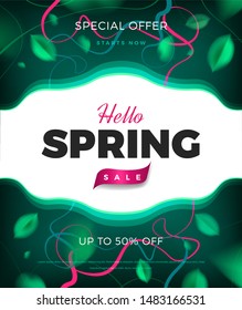 Green nature banner background with spring leaves and neon color tropical forest decoration. Vector Sale flyer, promotion poster design