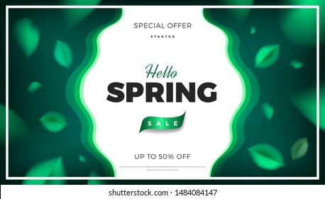 Green nature banner background with spring leaves and neon color tropical decoration vector Sale promotion design