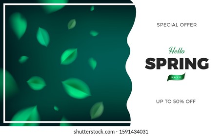 Green nature banner background with spring leaves vector design