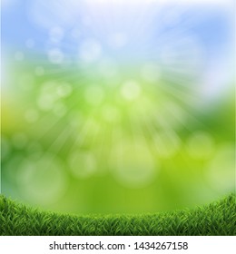 Green Nature Bokeh With Green Grass Border With Gradient Mesh, Vector Illustration