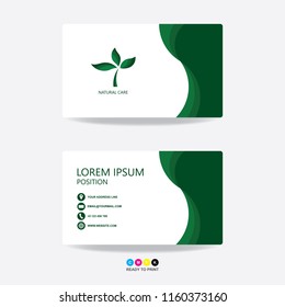 Green nature business card template design green leafs nature. Contact card for company. Front and back side green and white on the gray background. Vector illustration EPS10 CMYK Mode ready to print.