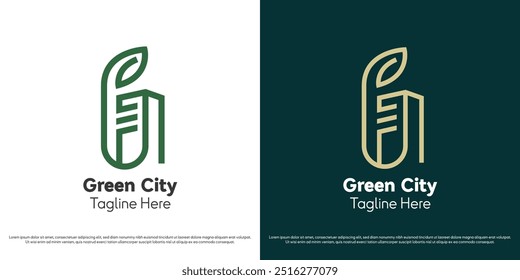 Ilustração do design do logotipo da cidade da natureza verde. Silhuetas de linha linear de edifícios ambiente natureza cidade. Símbolo simples minimalista elegante ícone.