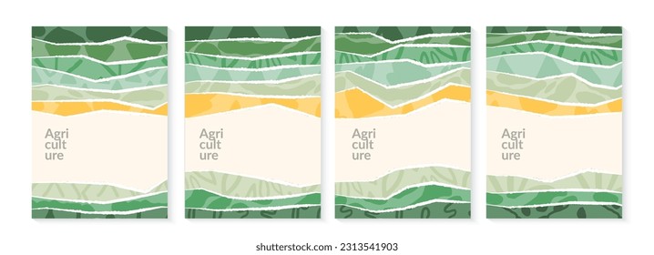 Green nature collage eco abstract vector background. Agricultural field landscape with texture, ecology poster design. Summer aesthetic illustration set. Environmental card, organic agro pattern