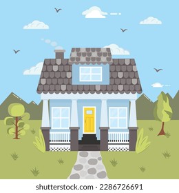 Green nature and colorful  house. Residential building. Architectural structure surrounded by nature, landscape. Vector illustration in flat style.