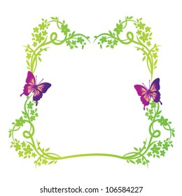 Green nature decoration elements with flowers, leaves and butterflies, making a beautiful frame with blank space in the middle