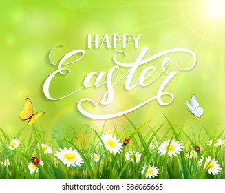 Green nature Easter background with a butterfly flying above the grass and flowers, lettering Happy Easter and sun beams, illustration.