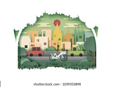 Green nature eco friendly city and urban landscape abstract background.Renewable energy for ecology and environment conservation concept paper art design.Vector illustration.