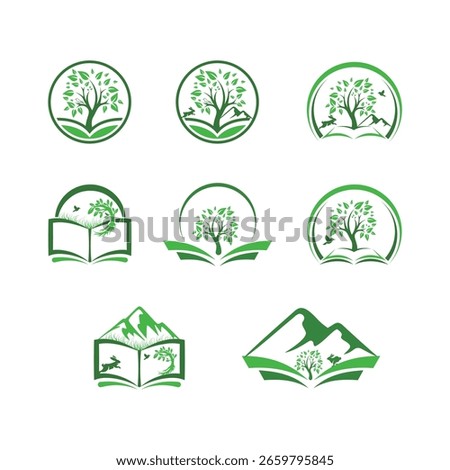 Green Nature Education Logos with Trees Books and Mountains Depicting Environmental Learning and Conservation Symbolism