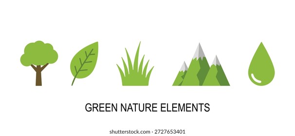 Green nature elements including tree, leaf, grass, mountain, and water droplet icons.