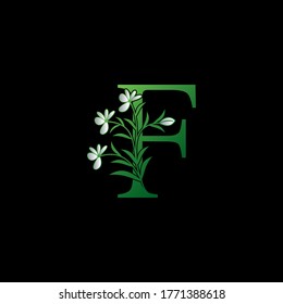 Green Nature Flower Initial Letter F logo icon, vector letter with Ornate flower and natural leaf clipart template design.