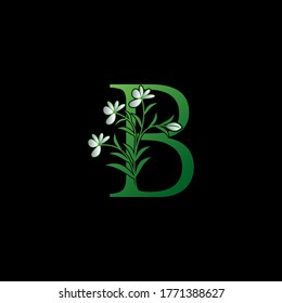 Green Nature Flower Initial Letter B logo icon, vector letter with Ornate flower and natural leaf clipart template design.