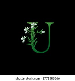 Green Nature Flower Initial Letter U Logo Symbol, Vektorbrief mit Ornate Blume und natürlichem Blatt Clip Art Template Design.