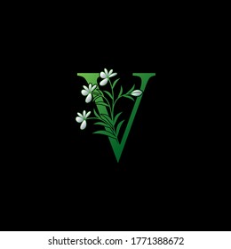 Green Nature Flower Initial Letter V  logo icon, vector letter with Ornate flower and natural leaf clipart template design.