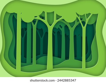 plantilla de fondo de bosque verde. Paisaje verde de la naturaleza y el bosque con la capa de papel del origami corta el fondo abstracto.