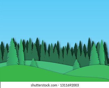 Green nature forest landscape background paper art style.Vector