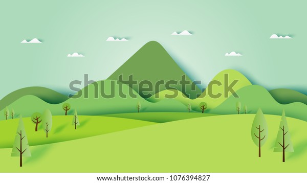 緑の自然の森の風景バナーの背景に紙のアートスタイル ベクターイラスト のベクター画像素材 ロイヤリティフリー