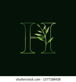 Green Nature   H Letter logo icon, outline  initial vintage design concept abstract nature leaves with letter H green color.