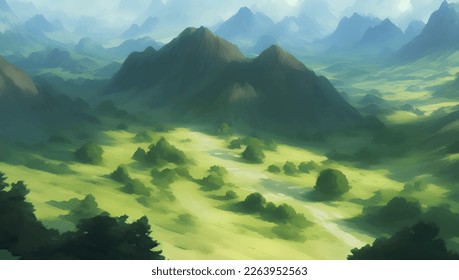 Green Nature Hill and Mountains Scenery Detailed Hand Drawn Painting Illustration