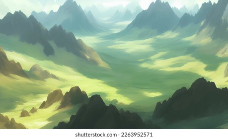 Green Nature Hill and Mountains Scenery Detailed Hand Drawn Painting Illustration