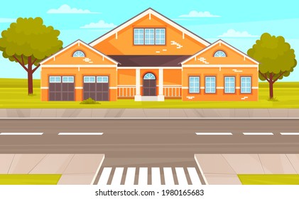 Green nature house and road landscape. Exterior of large building with windows, fence and garden. Residential building, house with garage. Architectural structure surrounded by nature, landscape
