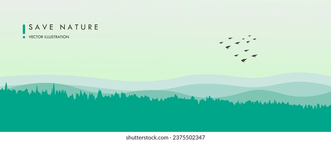 green nature landscape background with mountains and flying birds