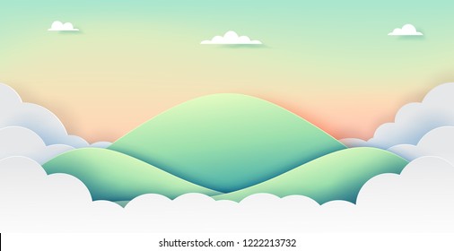 Green nature landscape background with mountains,clouds and sky of paper art style.Vector illustration.