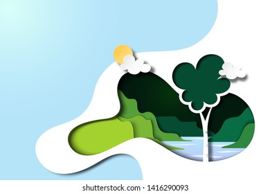 Green nature landscape background template paper art style.Environment and ecology conservation concept.Vector illustration.