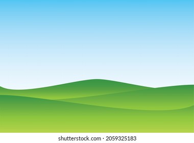 Green nature landscape and blue sky.Field and meadow.Hills and grass.Park or outdoor.Golf courses.Summer background.Garden or turf.Farm and countryside scenery.Cartoon vector illustration.Wallpaper.