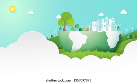 Green nature landscape and eco city background template paper art style.Ecology and environment conservation creative idea concept.Vector illustration.