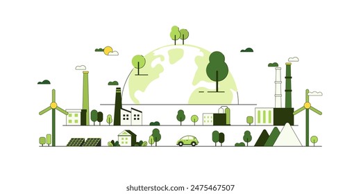 Green Nature Landscape. Green Energy Concept. Sustainable renewable energy sources. Environmental, Social, and Corporate Governance concept. Flat Vector illustration.