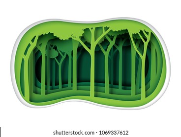 Green nature landscape and forest with origami paper layer cut abstract background.Ecology and environment conservation concept design paper art style.Vector illustration.