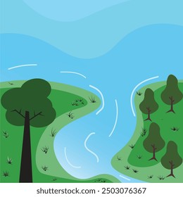 Natur und Landschaft Fluss. Vektorgrafik von Bäumen, Wäldern, Bergen, Blumen, Pflanzen, Feldern. Bild für Hintergrund, Karte oder Abdeckung, Illustration der Hintergrundkulisse