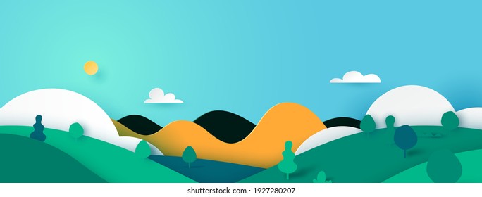 Green nature landscape scenery banner background paper art style.Vector illustration.