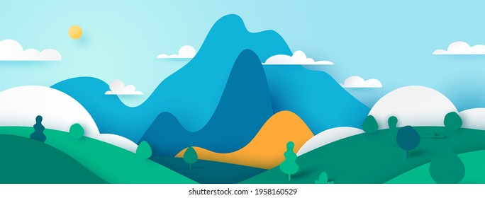 Green nature landscape scenery banner background paper art style.Vector illustration.