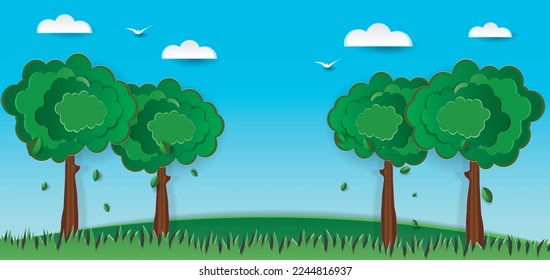 Green nature landscape scenery poster in paper cut style. clouds, trees, birds. Vector illustration.