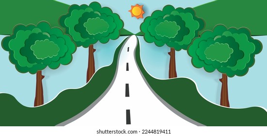 Green nature landscape scenery poster in paper cut style. Countryside view green hills, trees, sun and road. Green city. Vector illustration