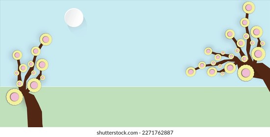 Green nature landscape scenery poster in paper cut style. trees, flowers, and sun. Product banner background, products display presentation. Ecology and environment concept. Vector illustration.