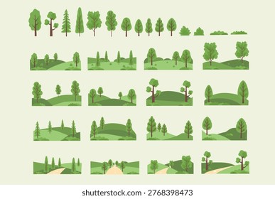 Green Nature Landscape Set with Trees, Hills and Forest Scenes