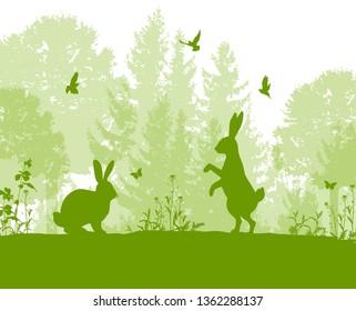 Green nature landscape with silhouettes of two rabbits, tree and birds.  Vector illustration