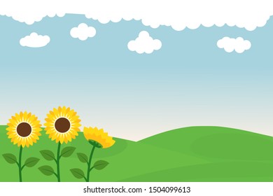 Green nature landscape with sunflowers and clouds in the morning light background. vector illustration