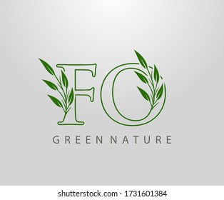 Green Nature Leaf Letter F, O and FO Logo Design. monogram logo. Simple Swirl Green Leaves Alphabet Icon.