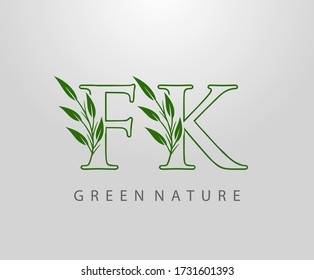 Green Nature Leaf Letter F, K and FK Logo Design. monogram logo. Simple Swirl Green Leaves Alphabet Icon.