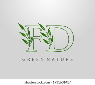 Green Nature Leaf Letter F, D and FD Logo Design. monogram logo. Simple Swirl Green Leaves Alphabet Icon.