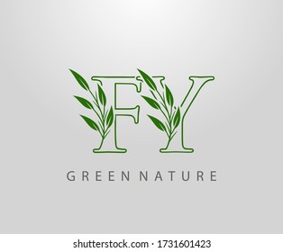 Green Nature Leaf Letter F, Y and FY Logo Design. monogram logo. Simple Swirl Green Leaves Alphabet Icon.