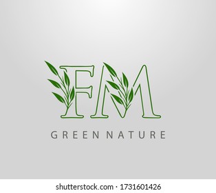 Green Nature Leaf Letter F, M and FM Logo Design. monogram logo. Simple Swirl Green Leaves Alphabet Icon.